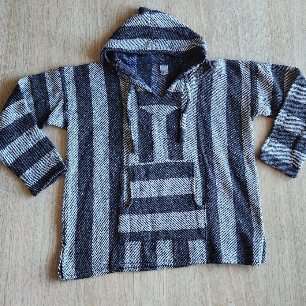 Mexican Baja Poncho Drug Rug Hoodied Warm Jacket Fleece Lined Black White Unisex
